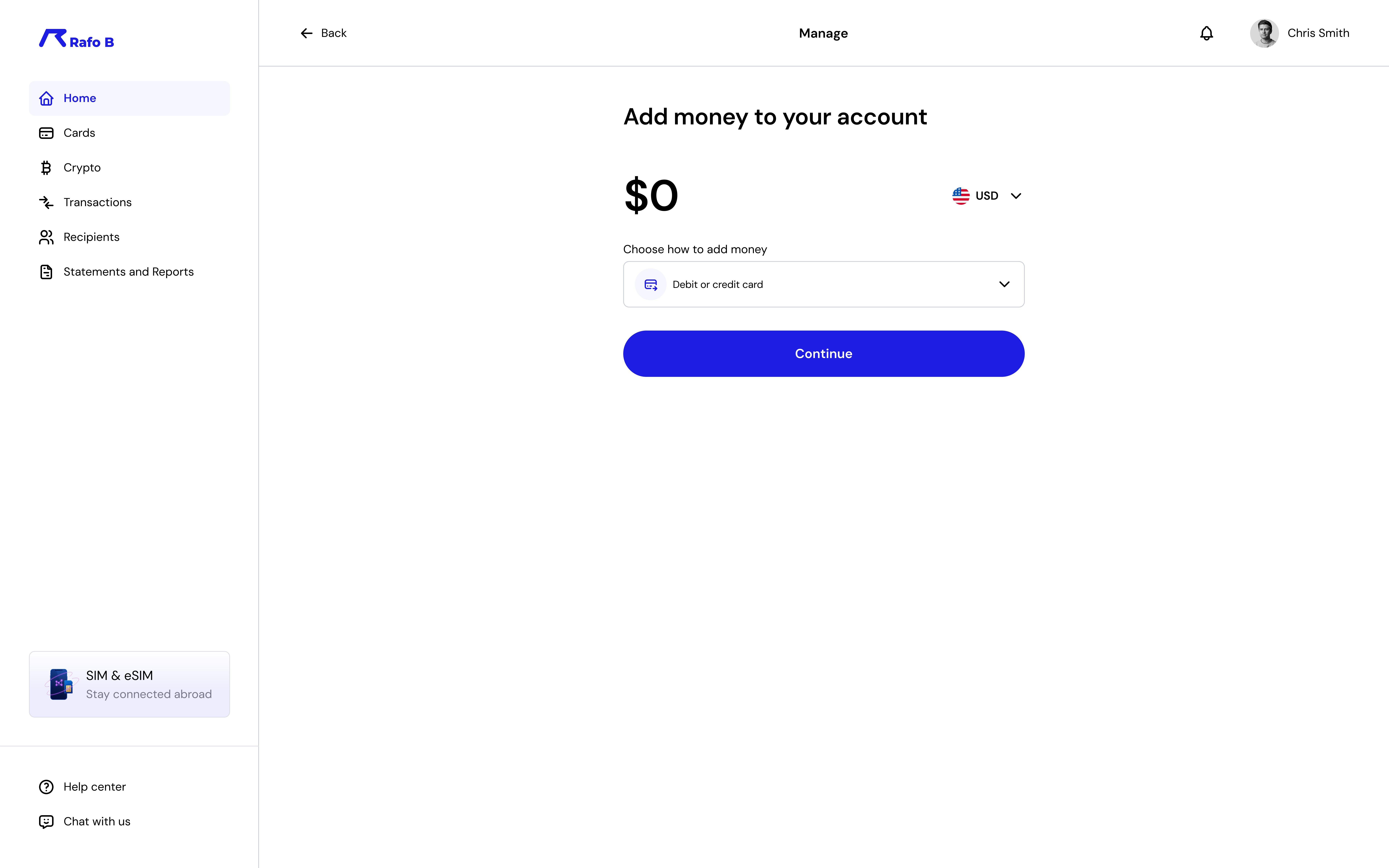 Add money — choose amount and method